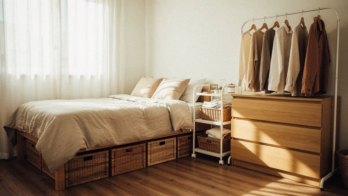 A tidy small bedroom with under-bed storage boxes and a slim rolling cart beside the dresser