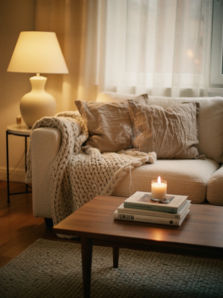 A cozy living room with a boucle sofa, layered knit throws and a warm glowing table lamp