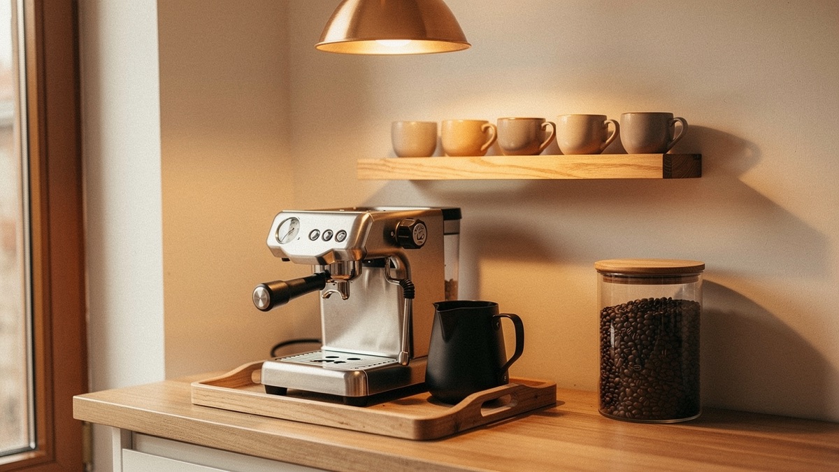 A cozy home espresso corner with a compact machine, black milk pitcher and ceramic cups