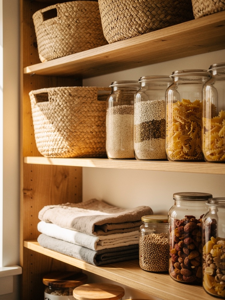 Organized wooden pantry shelves with woven baskets, glass jars and folded linens